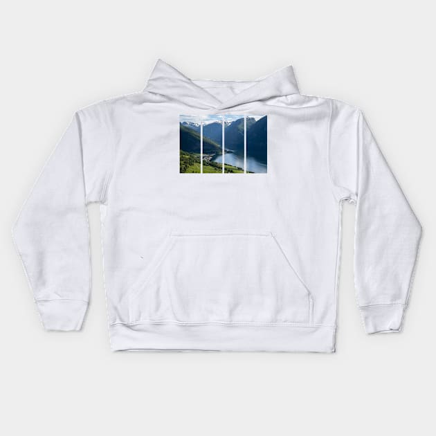 Wonderful landscapes in Norway. Vestland. Beautiful scenery of Aurland fjord from the Aurlandsvangen view point facing to the village of Aurland and Flam. Sunny day Kids Hoodie by fabbroni-art